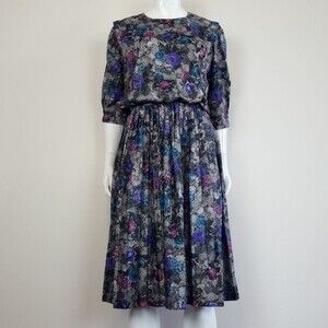 Vintage 80's M.C.S. Black Rose Print Day Dress